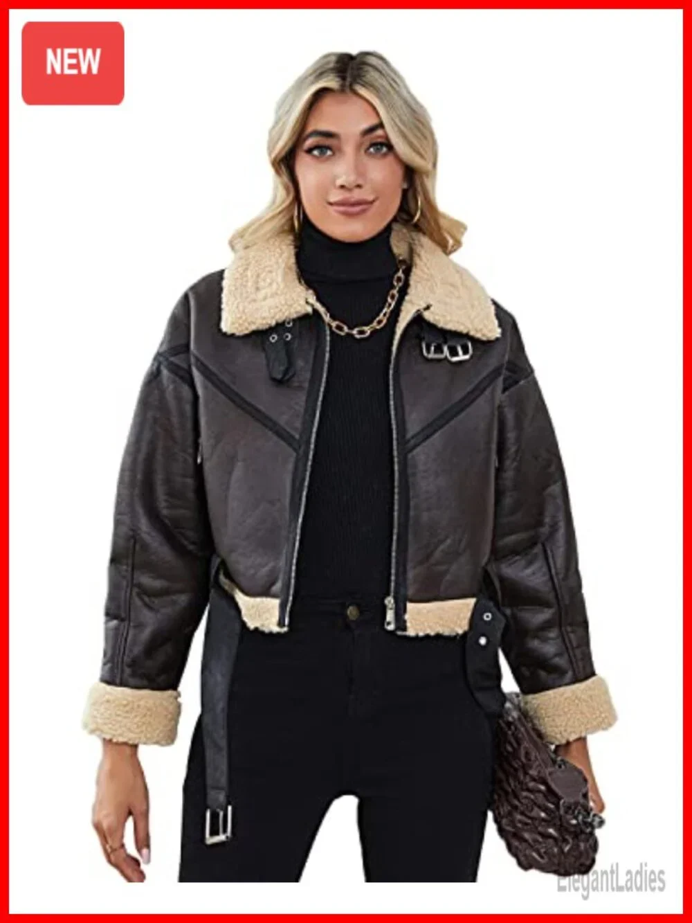 Women's Faux Fur Leather Short Jacket Bomber Aviator Coat With Belt